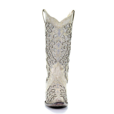 Corral Womens White Glitter Inlay And Crystals Western Wedding Boots - A3322