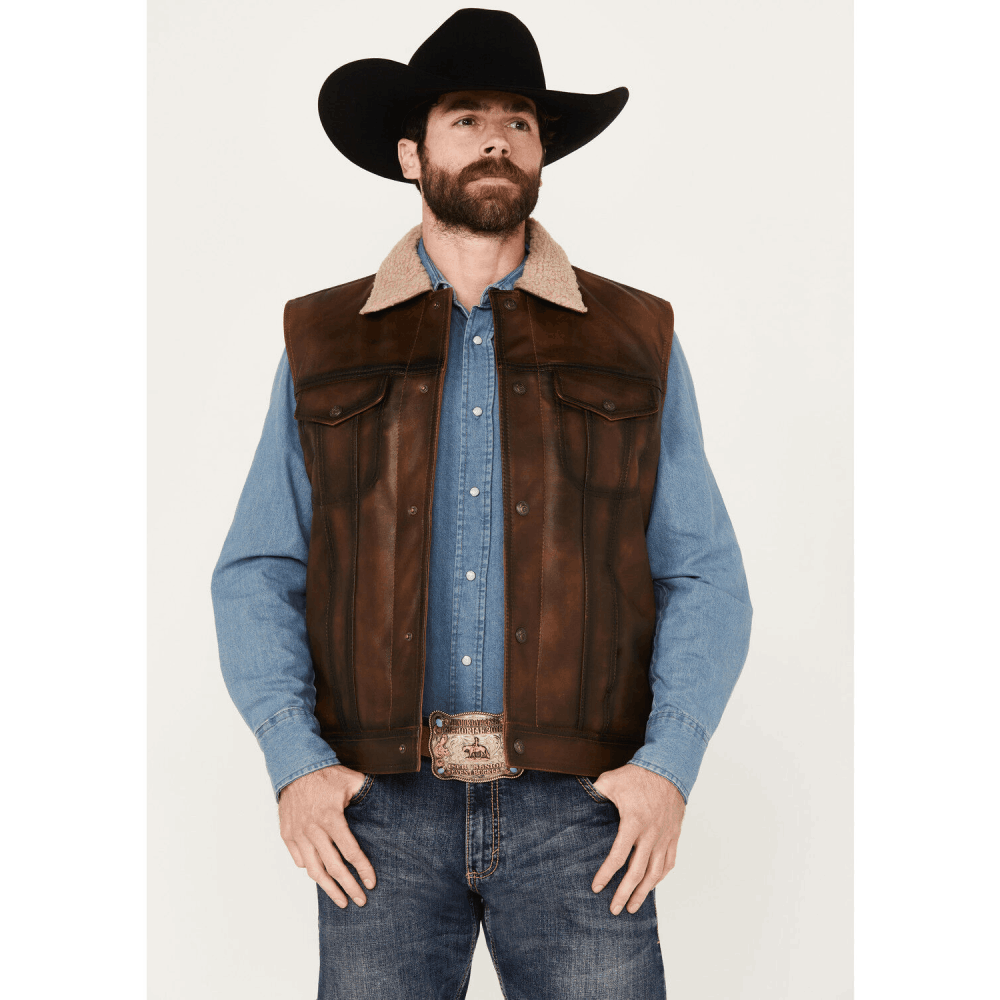 Cripple Creek Mens Sherpa Lined Leather Vest Brown - ML5063-94