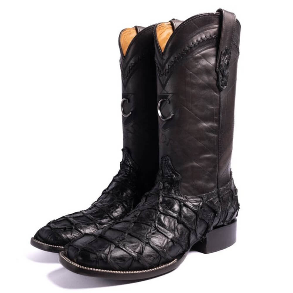 Cuadra Mens Fish Pirarucu Laser & Woven Square Toe Boots Black - CU787