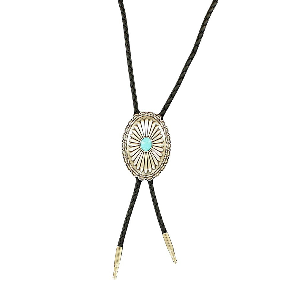 Double S Western Oval Flower Concho with Turquoise Slide Silver Bolo Tie - 22107
