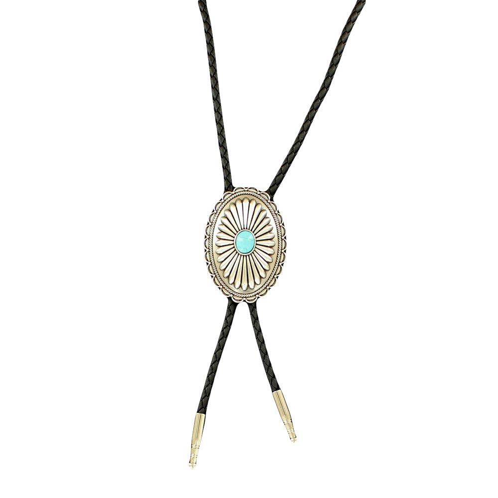 Double S Western Oval Flower Concho with Turquoise Slide Silver Bolo Tie