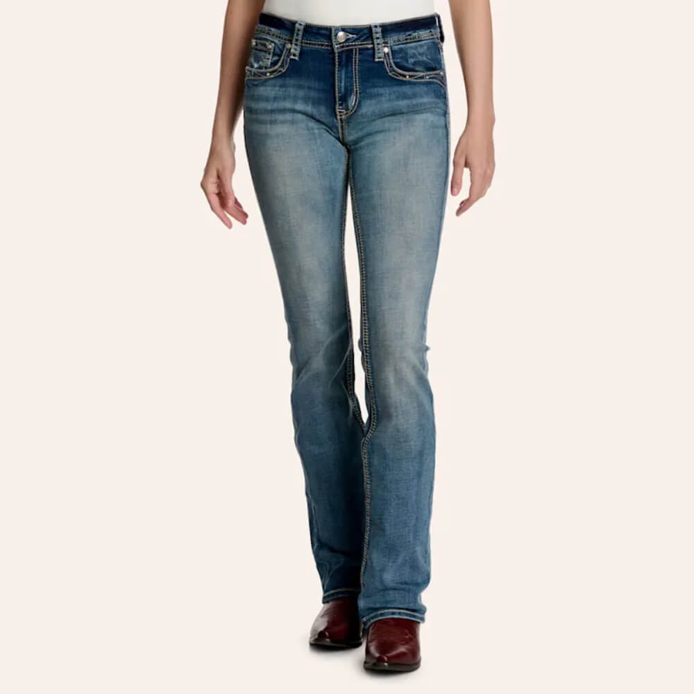 Grace In L.A. Womens Cow Print Pocket Bootcut Jeans Medium Wash - EB52055