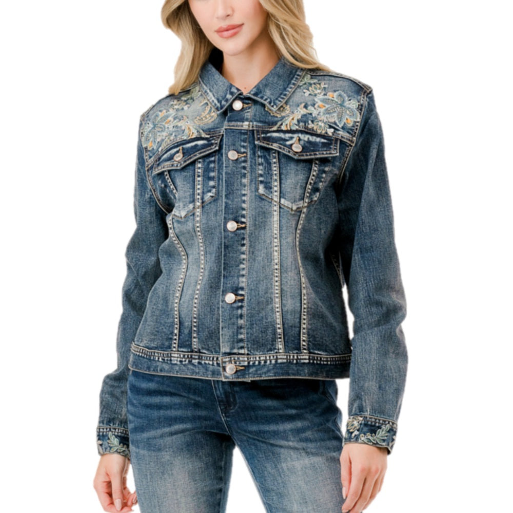 Grace in L.A. Womens Denim Floral Jacket