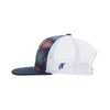 Trucker hat with patterned front and white back on a white background