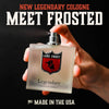 Hand holding a Lane Frost cologne spray bottle with promotional text on a black background