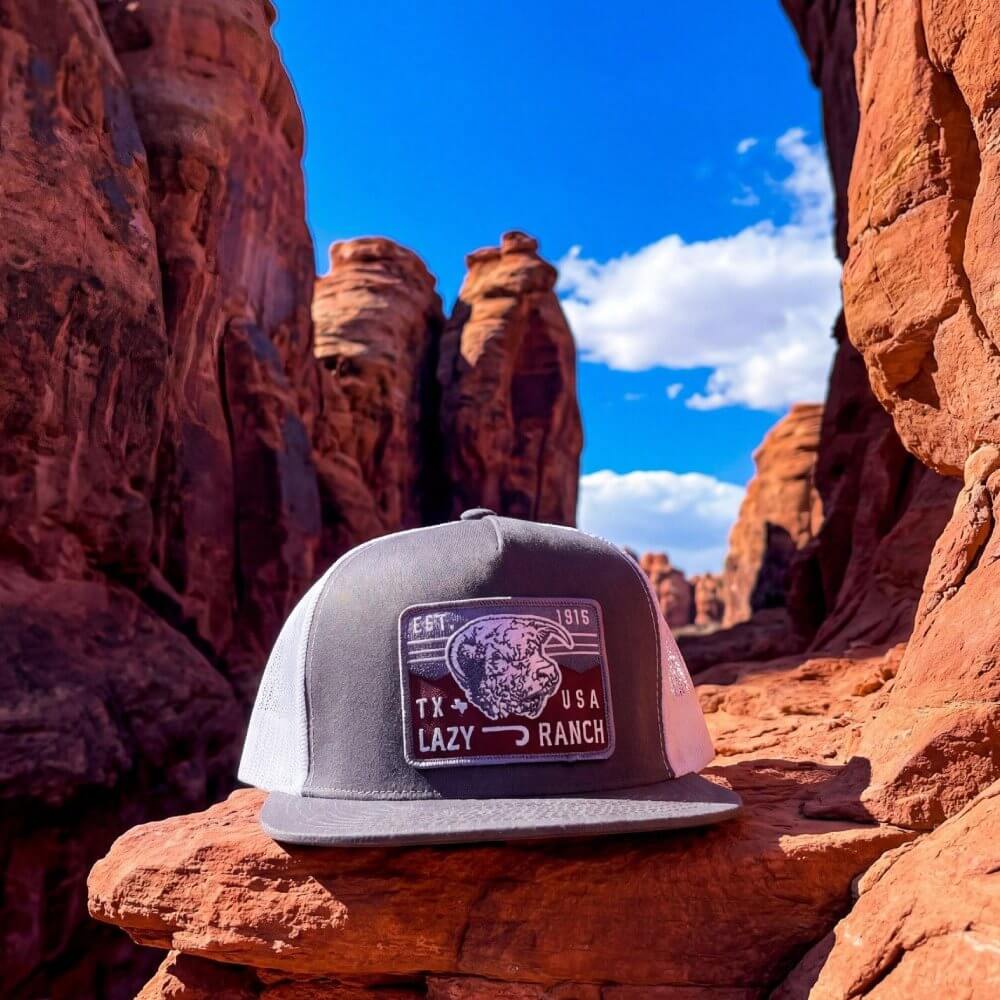 Lazy J Mens Red Rock Classic Five Panel Trucker Cap Grey & White- GRYWHT4-REDRK