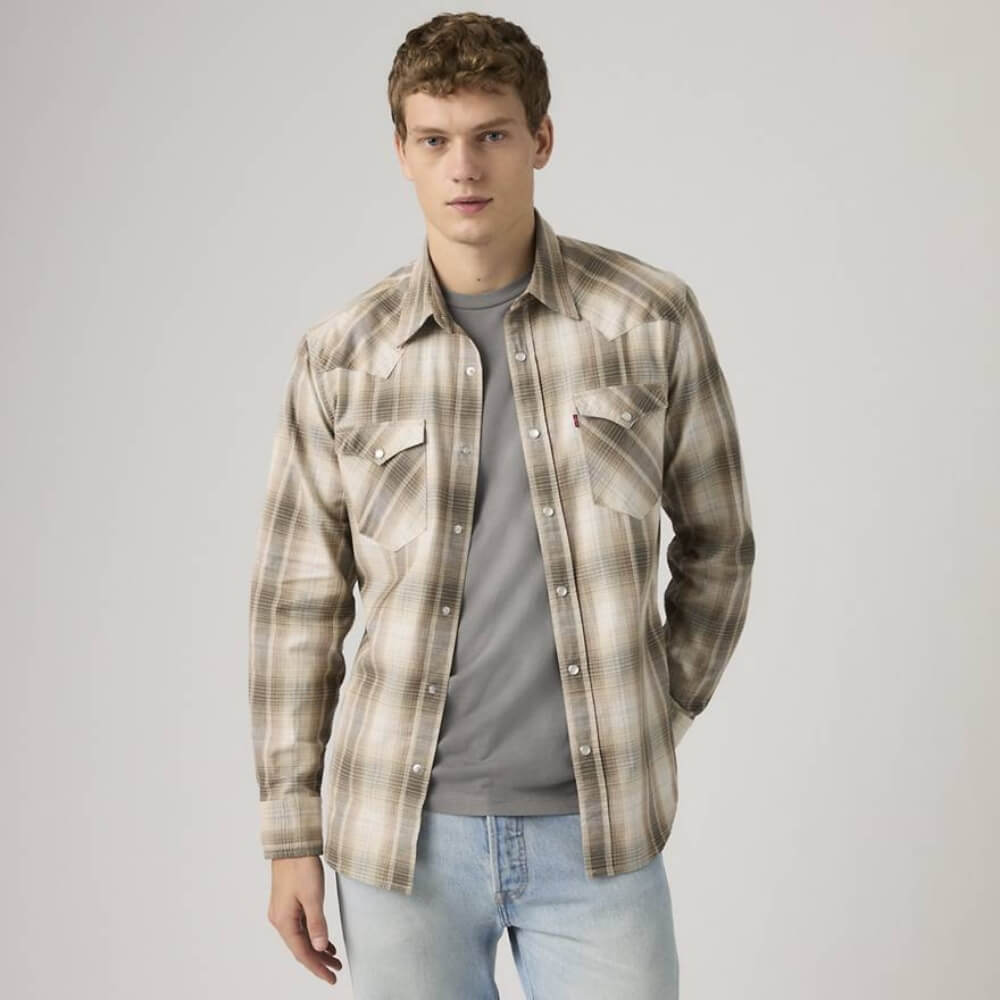 Levi's Mens Classic Western Standard Fit Shirt Floyd Plaid White Pepper Twill - Brown - 857450276