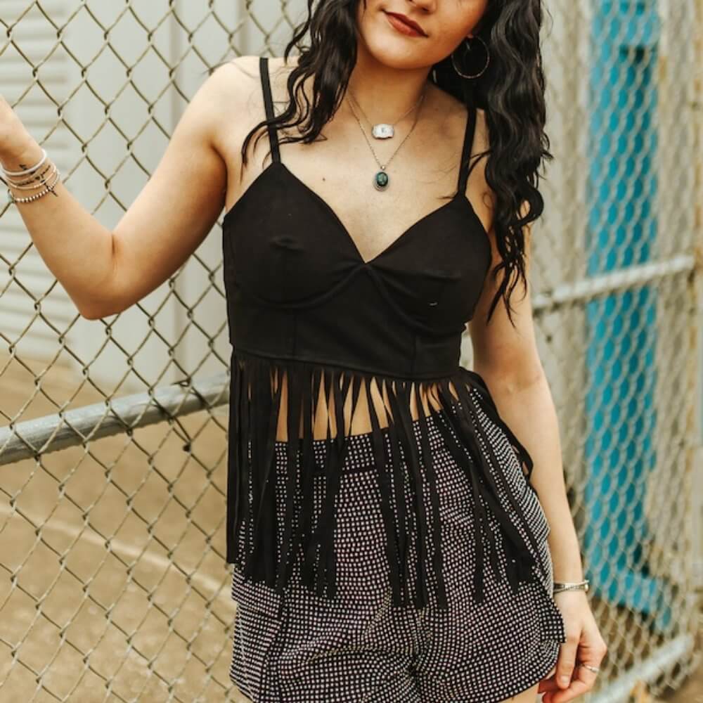 Lucky & Blessed Black Corset Fringe Top