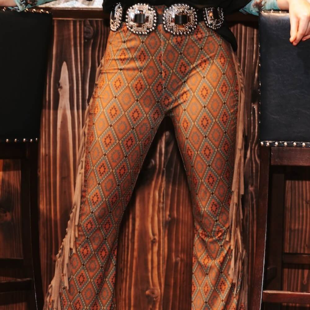 Lucky & Blessed Womens Aztec Fringe Flare Pants