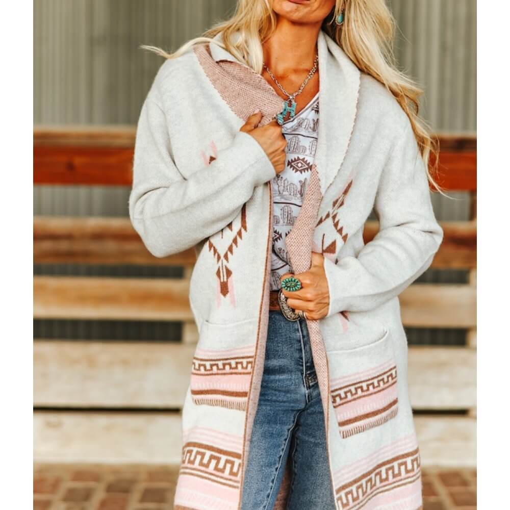 Lucky & Blessed Womens Aztec Knitted Cardigan Ivory Soft Pink - JO344-IVY