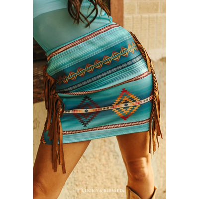 Lucky & Blessed Womens Aztec Print Turquoise Fringe Skirt