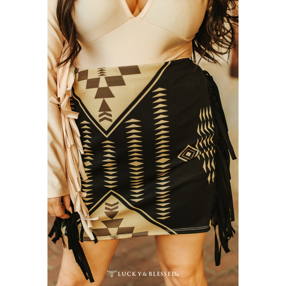 Lucky & Blessed Womens Black Gold Aztec Printed Double Side Fringe Skirt