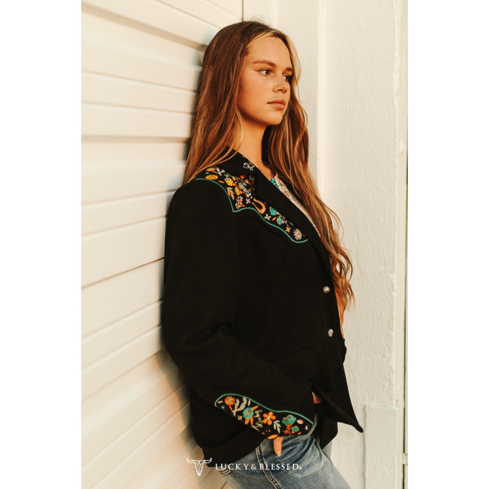 Lucky & Blessed Womens Black Suede Embroidered Sleeve Blazer