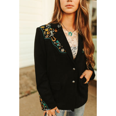 Lucky & Blessed Womens Black Suede Embroidered Sleeve Blazer