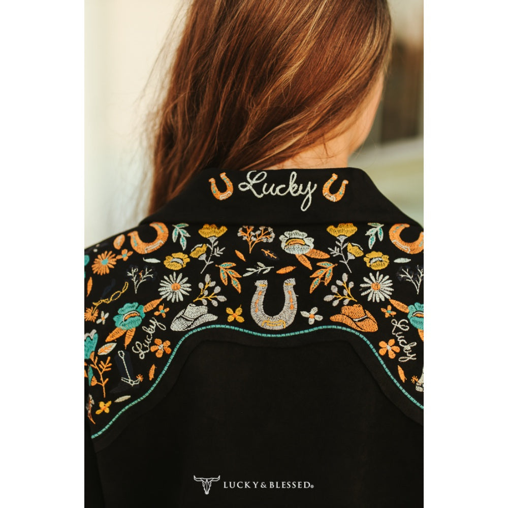 Lucky & Blessed Womens Black Suede Embroidered Sleeve Blazer