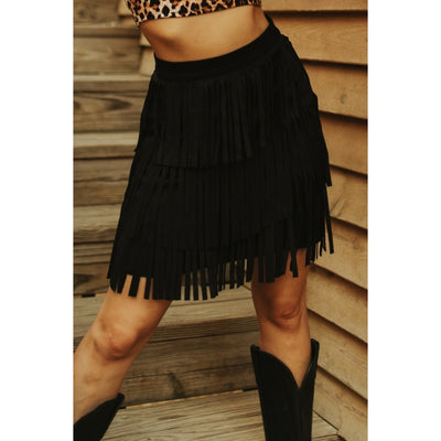 Lucky & Blessed Womens Black Suede Stretch Fringe Tier Skirt 