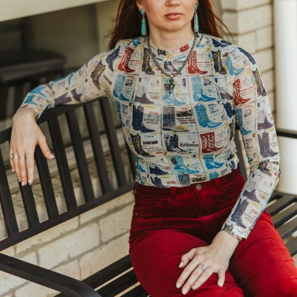 Lucky & Blessed Womens Boot Stamped Collage Blouse - TO1073-BTSCOL