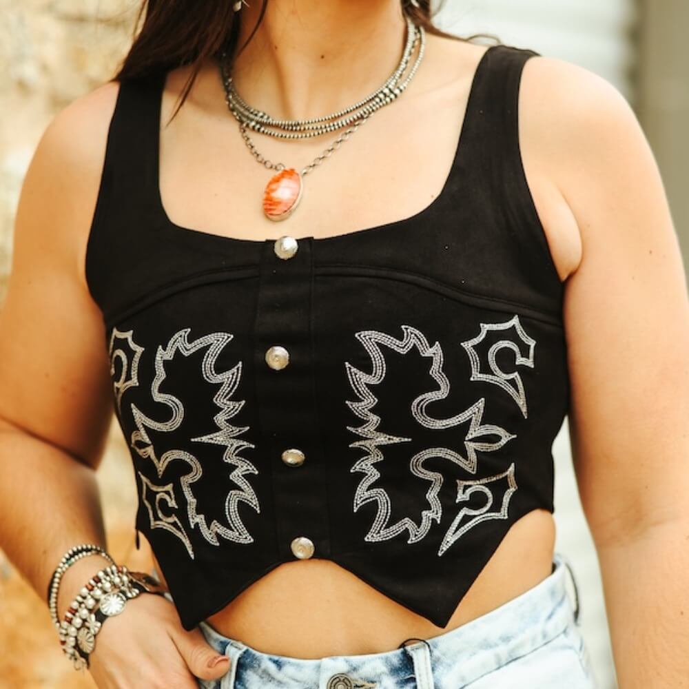 Lucky & Blessed Womens Boot Stitch Embroidered Corset Top