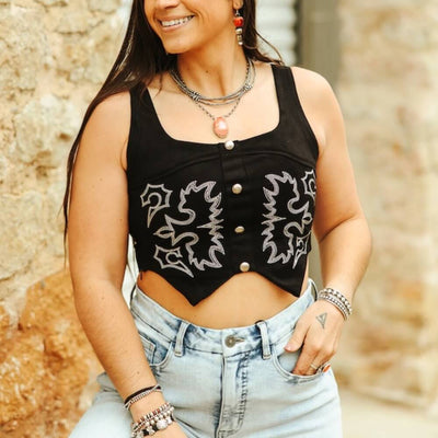 Lucky & Blessed Womens Boot Stitch Embroidered Corset Top