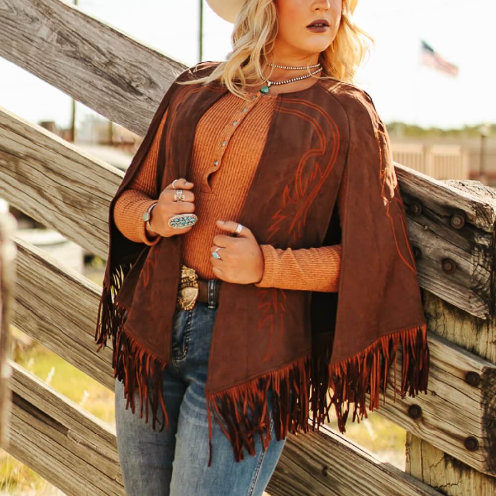 Lucky & Blessed Womens Boot Stitch Embroidered Fringe Cape Brown