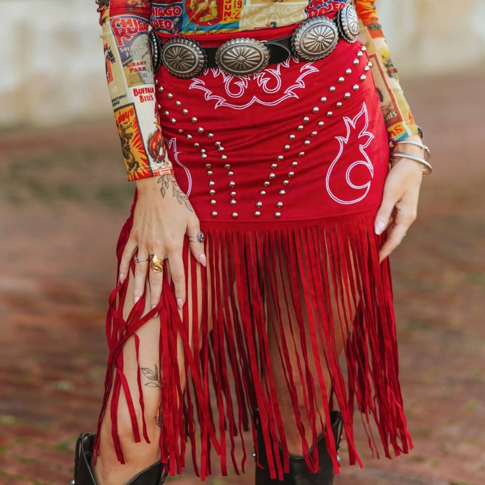 Lucky & Blessed Womens Bootstitch Embroidered Fringe Skirt Red - SK434-RED