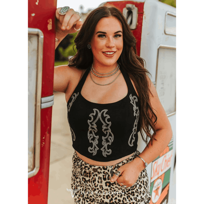 Lucky & Blessed Womens Bootstitch Embroidered Top - TO1101-BLK