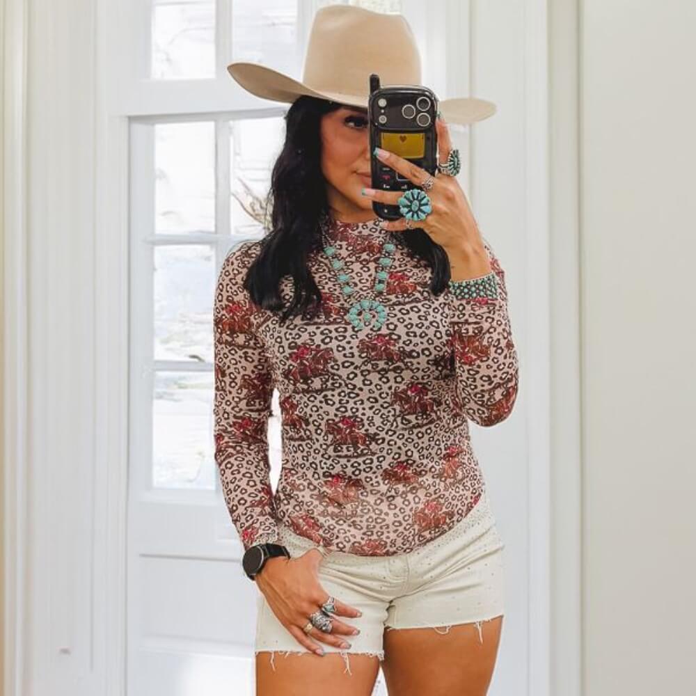 Lucky & Blessed Womens Bucking Horse Print Mesh Blouse Leopard - TO1073-LEOPNK
