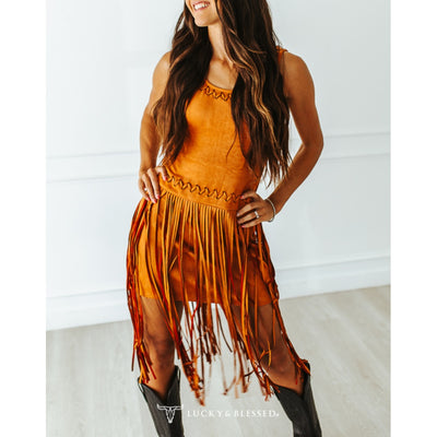 Lucky & Blessed Womens Camel Fringe Dress