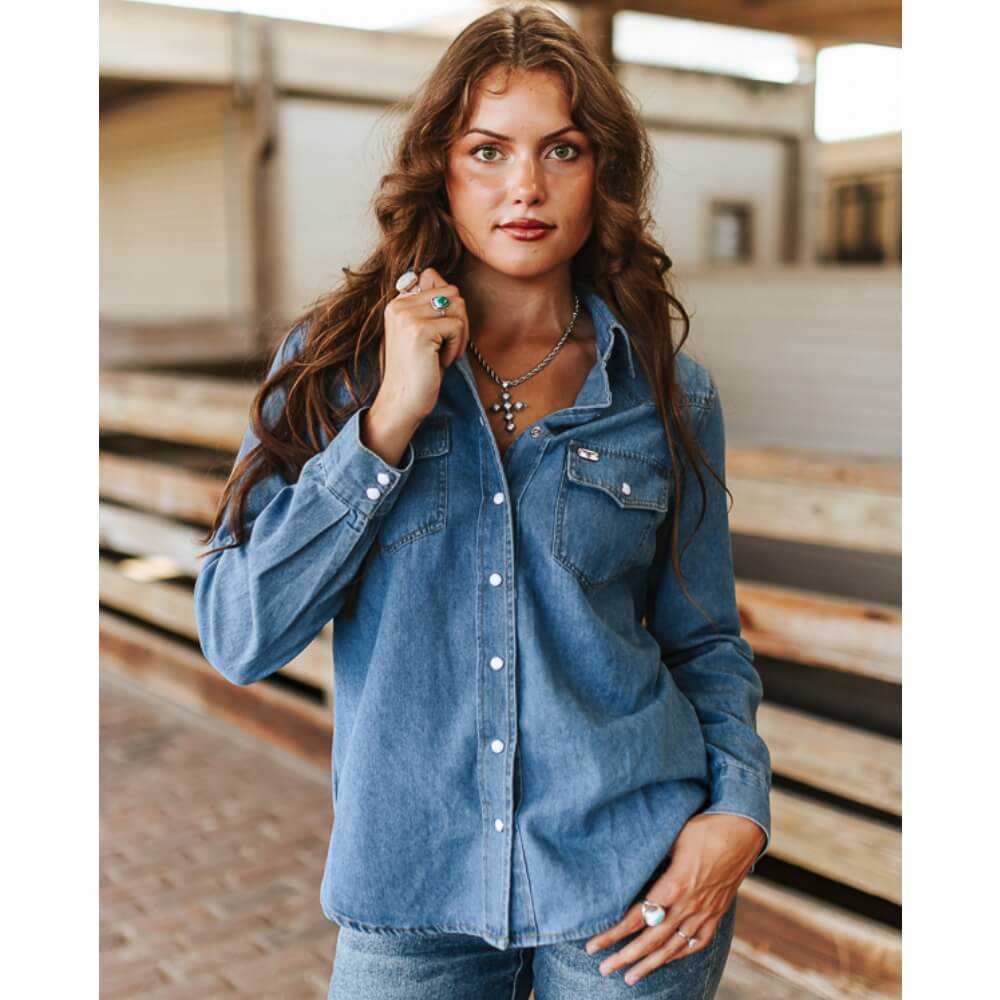 Lucky & Blessed Womens Classic Western Denim Shirt Mid Wash - TO1077-MW