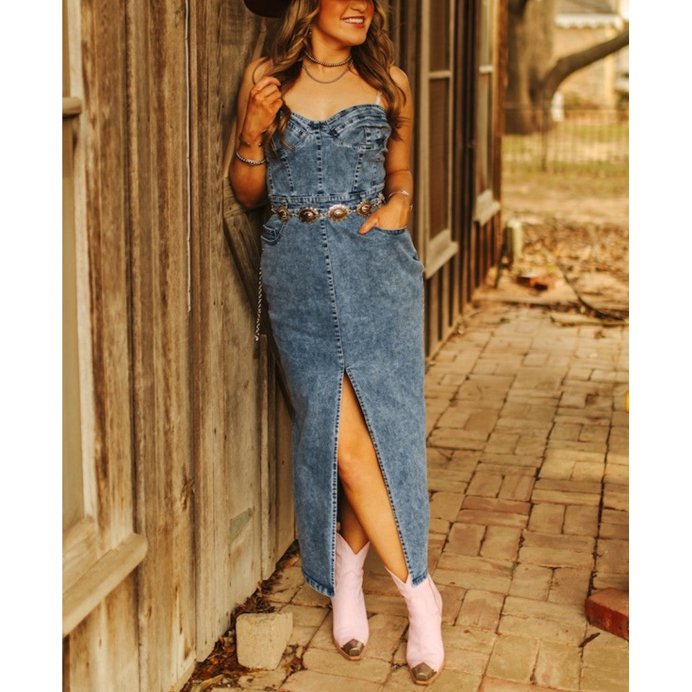 Lucky & Blessed Womens Denim Maxi Dress