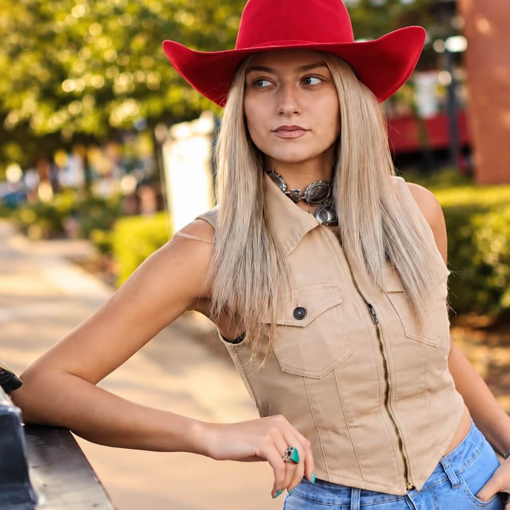 Lucky & Blessed Womens Denim Western Collared Zip Front Blouse Sand - TO1258-SND