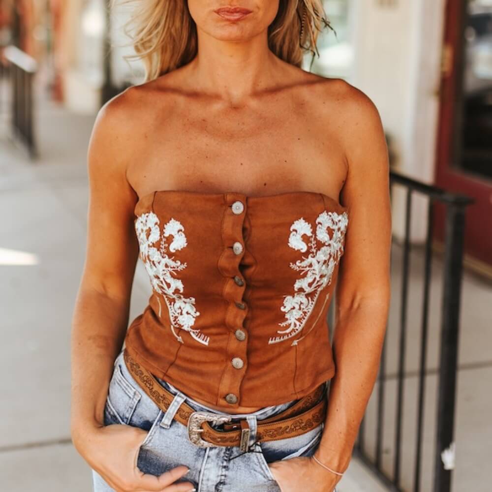 Lucky & Blessed Womens Floral Embroidery Corset Top - TO598-CML