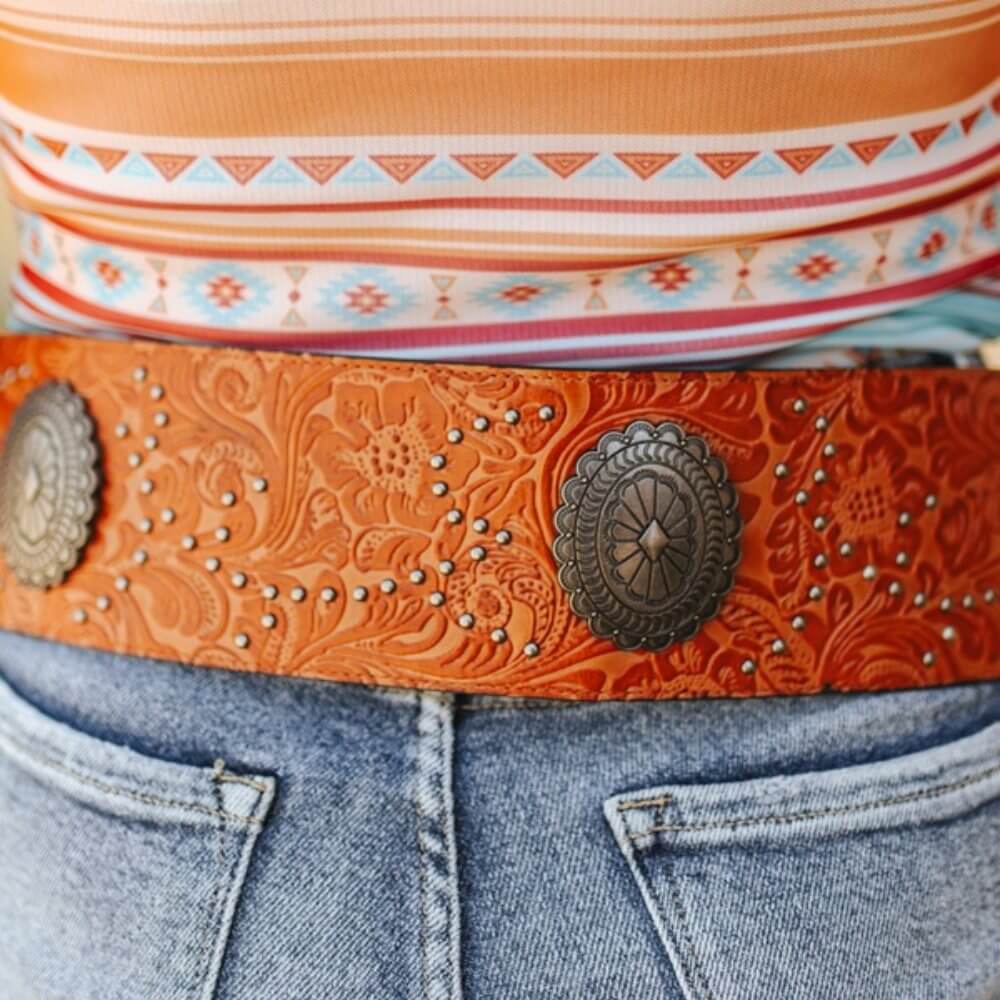 Lucky & Blessed Womens Genuine Leather Studded Wide Belt Cognac - BE-35-COGTOOL