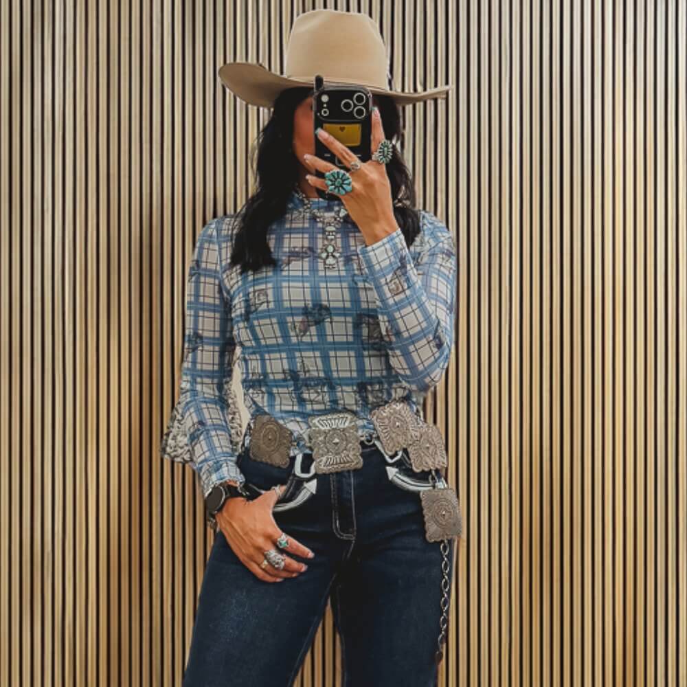 Lucky & Blessed Womens Horseprint Mesh Blouses Blue Plaid - TO1073-PLDHRS
