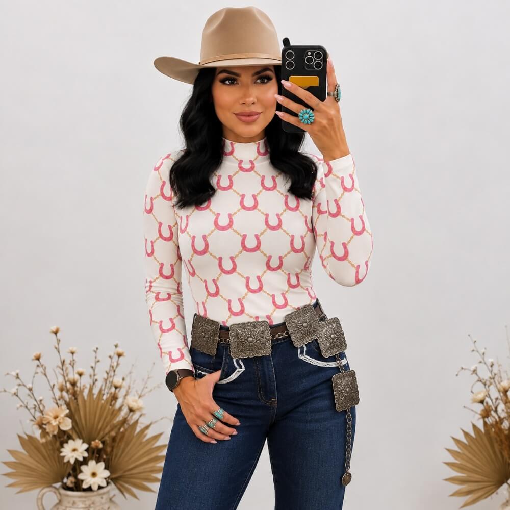 Lucky & Blessed Womens Horseshoe Printed Mesh Blouse Pink - TO1073-PNKHRSH
