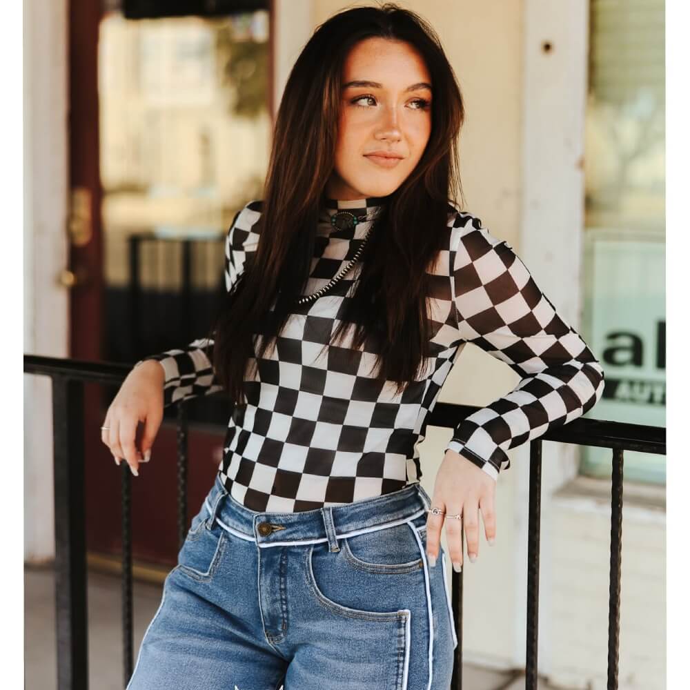 Lucky & Blessed Womens Long Sleeve Mesh Blouse Black/White Checkered - TO1073-CHE