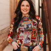 Lucky & Blessed Womens Long Sleeve Mesh Blouse Collage Printed - TO1073-3COL