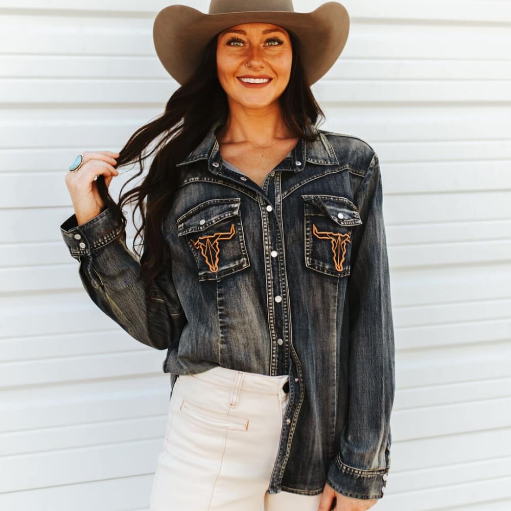 Lucky & Blessed Womens Long Sleeve Shirt Vintage Wash - TO1029-DNM