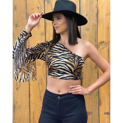 Lucky & Blessed Womens One Shoulder Tiger Print Blouse