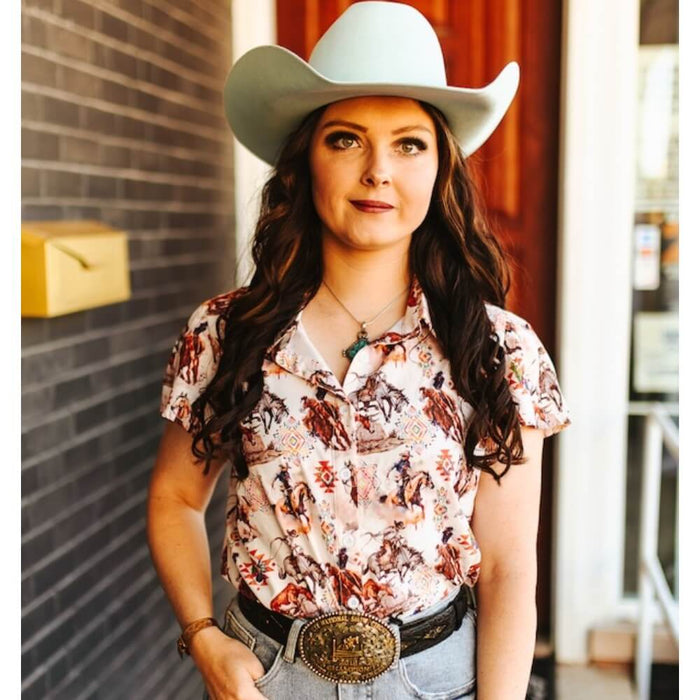 Lucky & Blessed Womens Rodeo Blouse Western Beige - TO1226-WSTBE