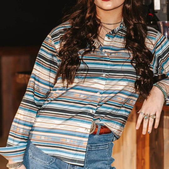 Lucky & Blessed Womens Western Blouse Jade Beige Serape