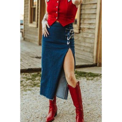 Lucky & Blessed Womens Stretch Double Side Buckle Slit Skirt Dark Wash