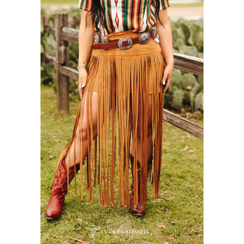Lucky & Blessed Womens Stretch Suede Long Fringe Skirt Camel