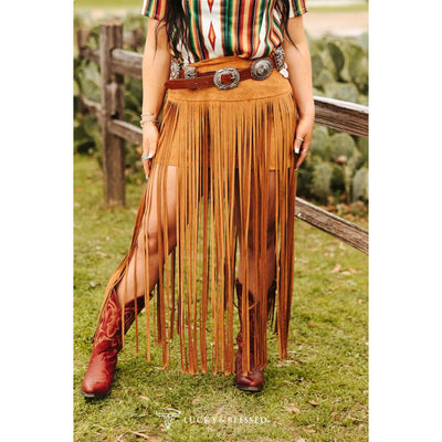 Lucky & Blessed Womens Stretch Suede Long Fringe Skirt Camel