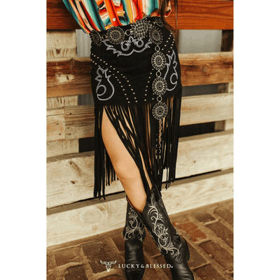 Lucky & Blessed Womens Suede Bootstitch Embroidered Studded Fringe Hem Skirt Black