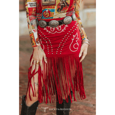 Lucky & Blessed Womens Suede Bootstitch Embroidered Studded Fringe Hem Skirt Red