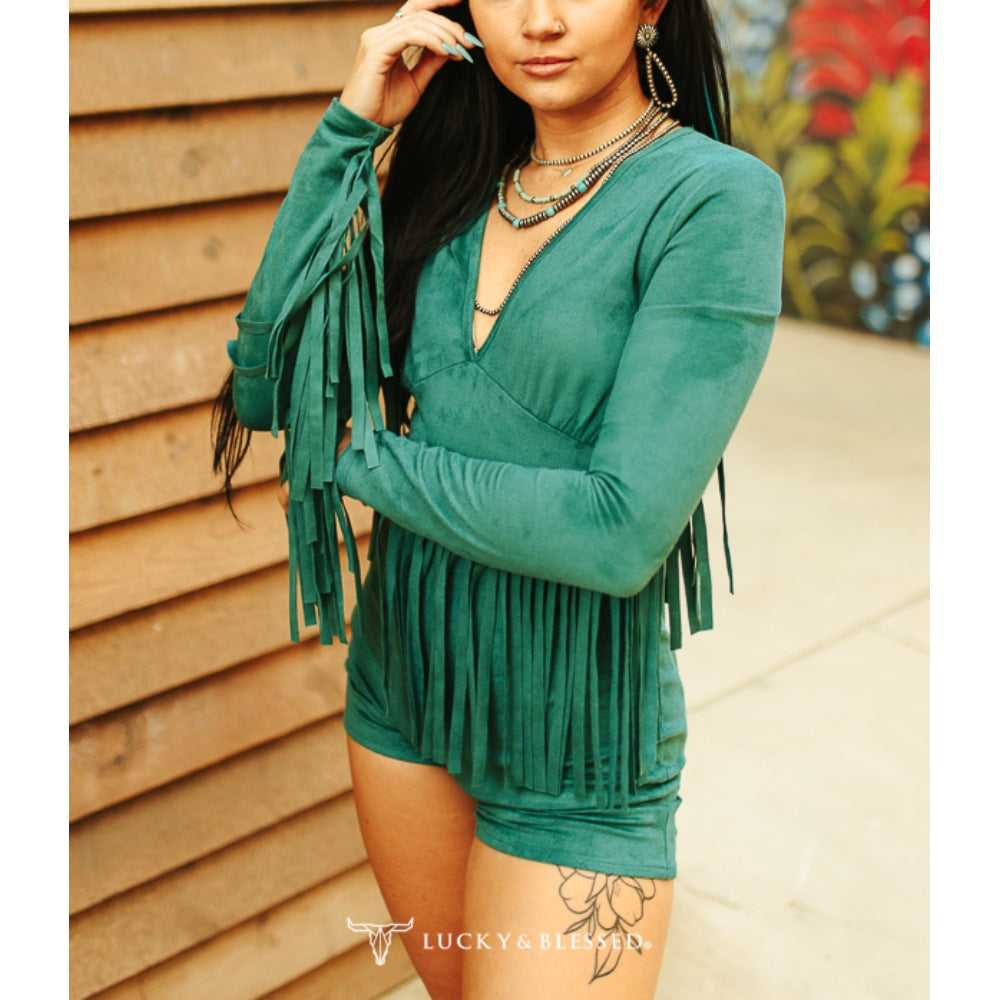 Lucky & Blessed Womens Teal Suede Fringe Romper