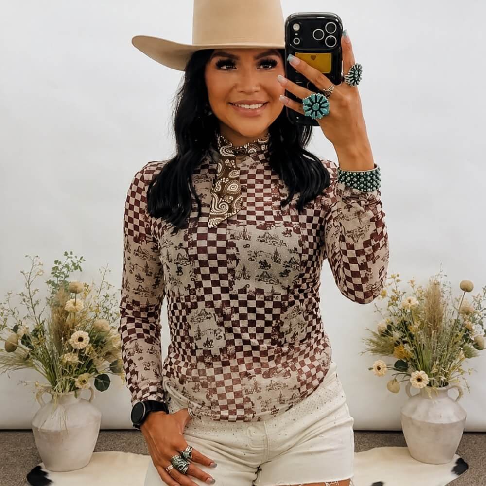 Lucky & Blessed Womens Western Scenic Print Blouse Brown Checkered - TO1073-BRECHE