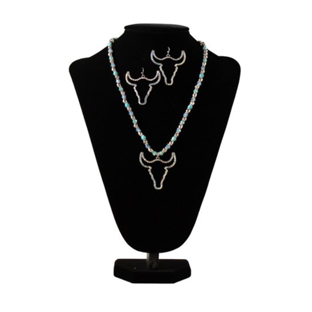 M&F Western Womens Silver Strike Beaded Cow Head Necklace Set
