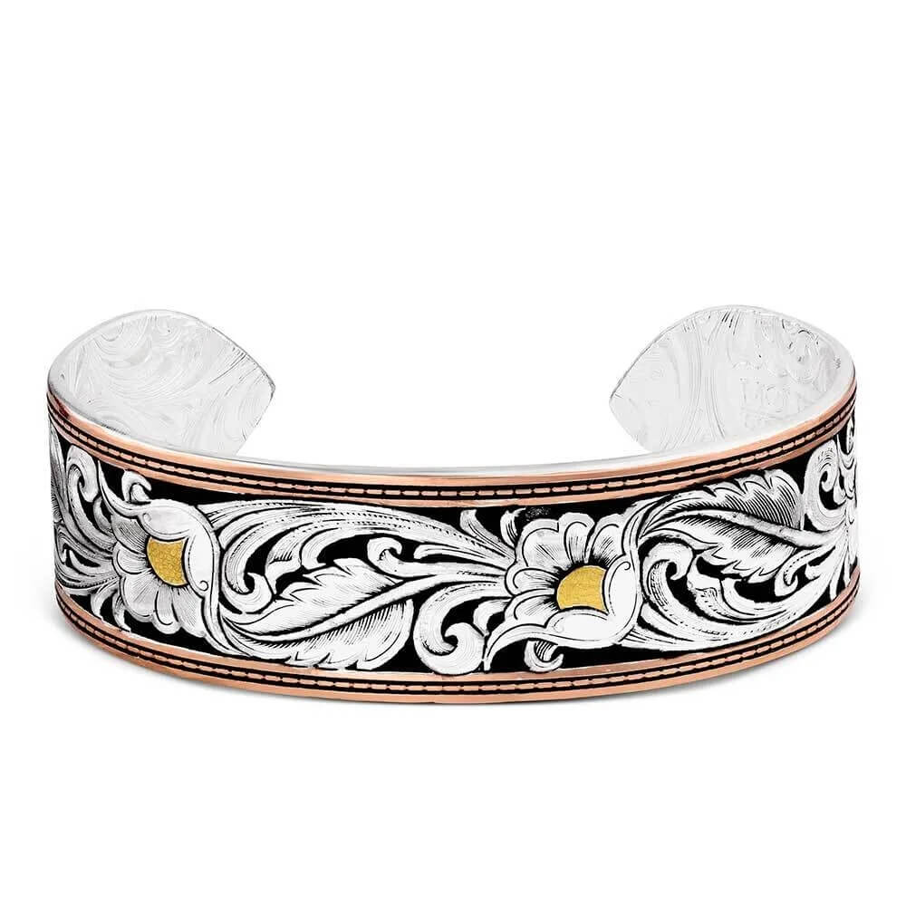 Montana Silversmiths Womens LeatherCut Tri-Colored Floral Cuff Bracelet - BC2598TRI-BK